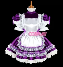 

Hot Selling French Lockable Sissy Maid Purple Satin Dress Mini Short Cross Dress Customizable