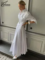 Oymimi Elegant White Lapel Women's Dress Fashion Three Quarter Sleeve Pockets Dresses Casual Button Pleated Ankle-Length Dresses - Image 3