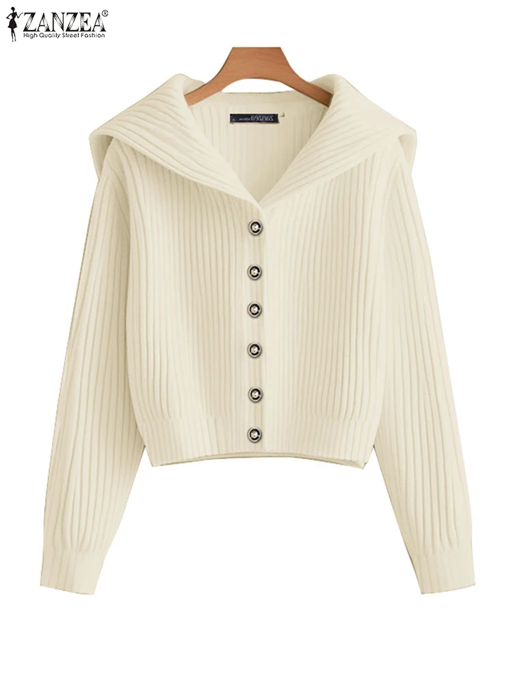 ZANZEA Vintage Sailor Collar Women Cardigans 2025 Spring Autumn Elegant Casual Chic Button Up Sweaters Korean Style Short Tops 4