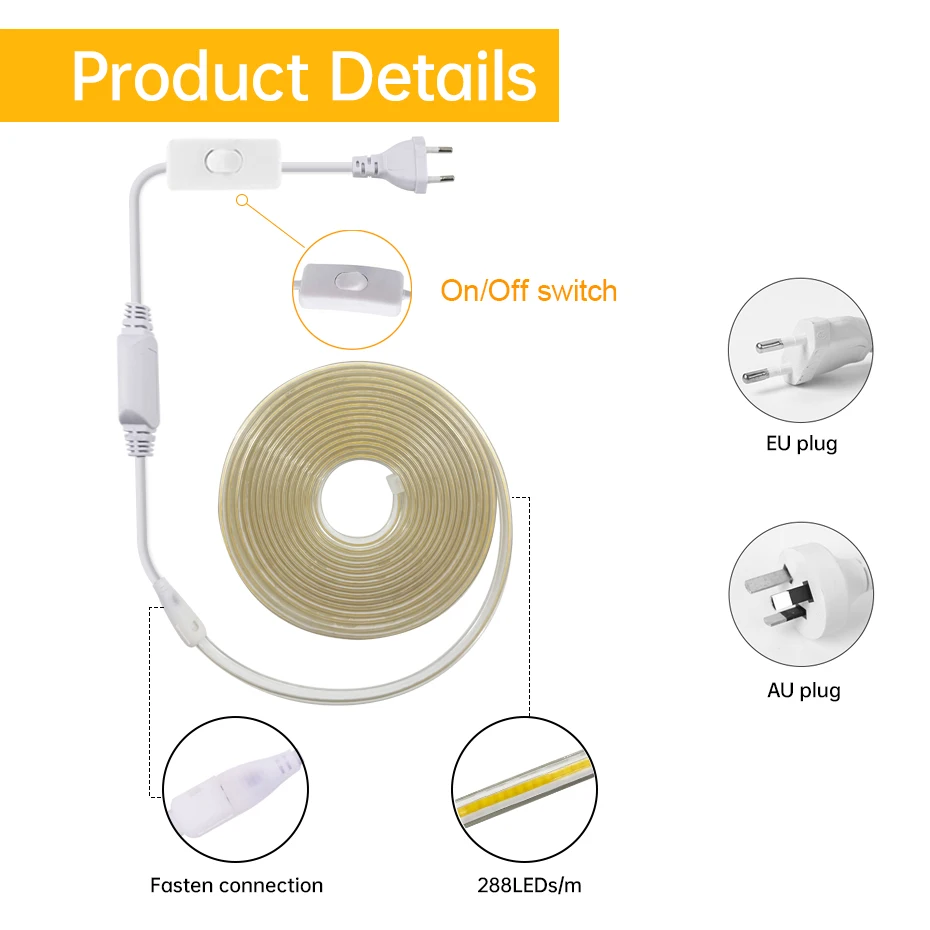 220V COB LED Strip Light 288LEDs/m Super Bright IP65 Waterproof Sd09ee3fc23634217b17bf7f56796a1cfz