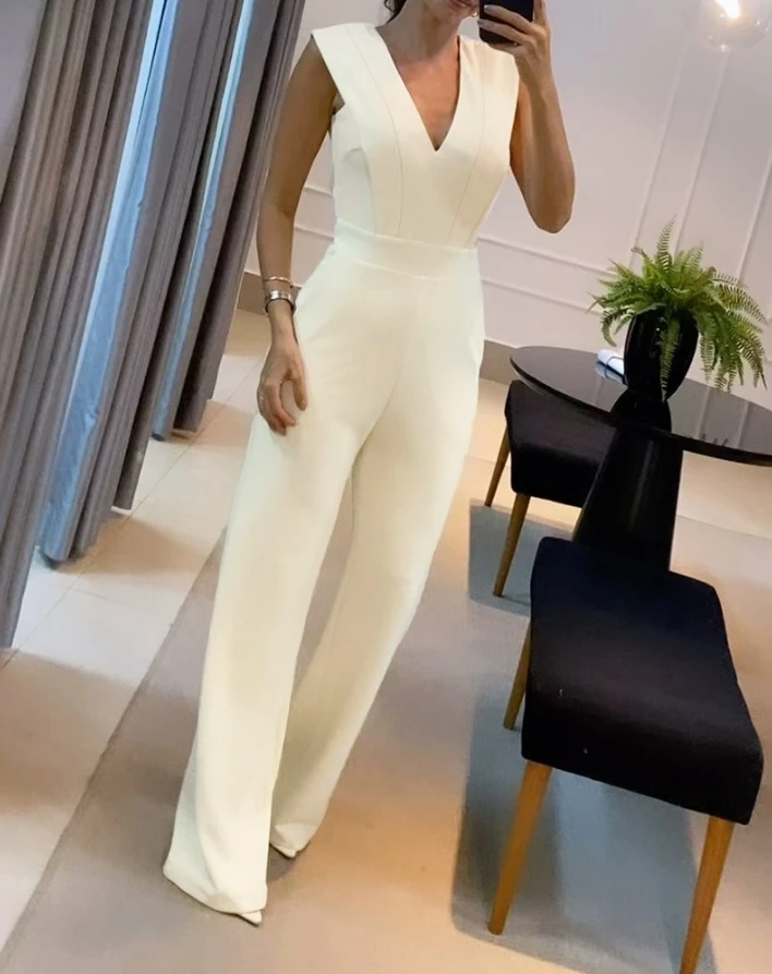 

Summer New Women's Elegant V-Neck Sleeveless Casual Straight Leg Jumpsuit Temperament Commuting Female Fashion Work Jumpsuits