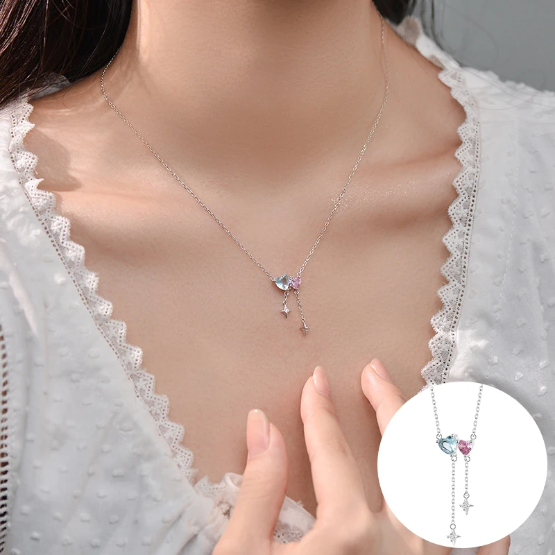 

100% 925 Sterling Silver Zircon Love Heart Necklace for Women Girl Geometric Tassel Design Jewelry Party Gift Dropshipping