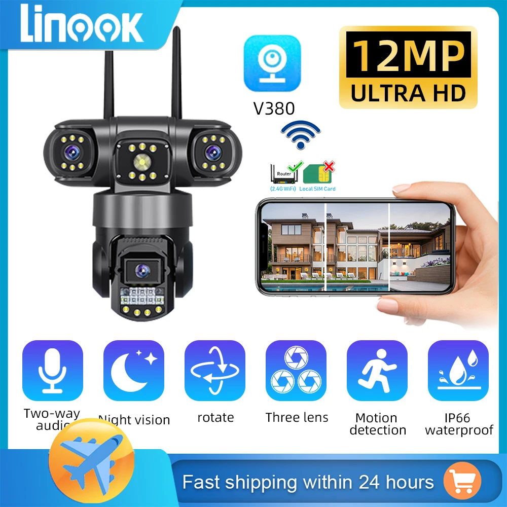 Linook، 12 ميجابكسل، مراقبة خارجية مقاومة للماء 360 درجة، كاميرا CCTV، كاميرا IP أمنية، كاميرا أمان لاسلكية، كاميرا واي فاي