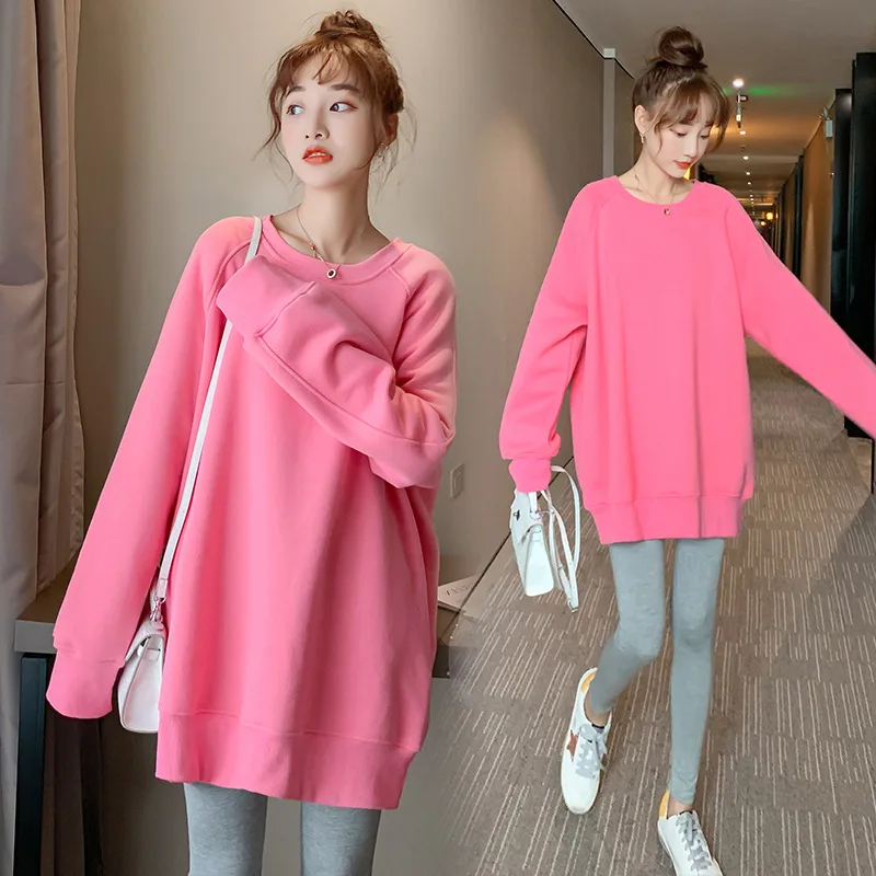 Candy-colored pregnant women loose fashion long-sleeved T-shirt rose pink sweater spring and autumn ladies bottoming coat women