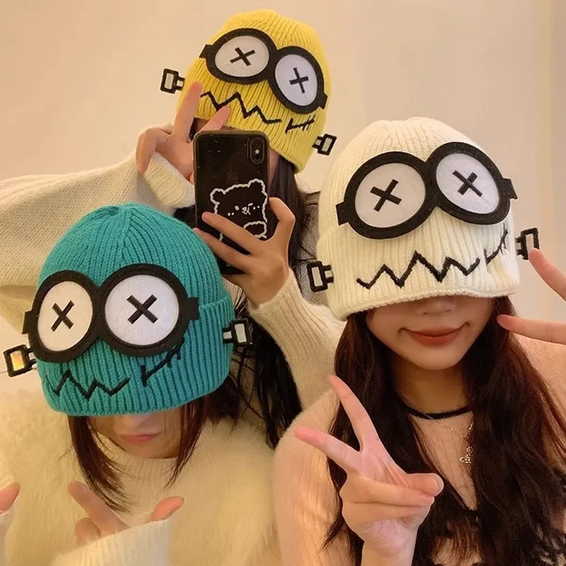 Autumn and Winter Women's Fun and Cute Knitted Wool Hat with Cartoon Style Warmth  Wearing It on The Face Looks Very Small