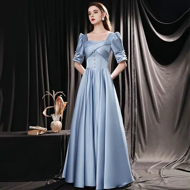 

S158 Lady Satin Long Evening Dresses Elegant Women Lace Up Blue Wedding Party Dress Birthday Floor Length Formal Gowns Lace-Up