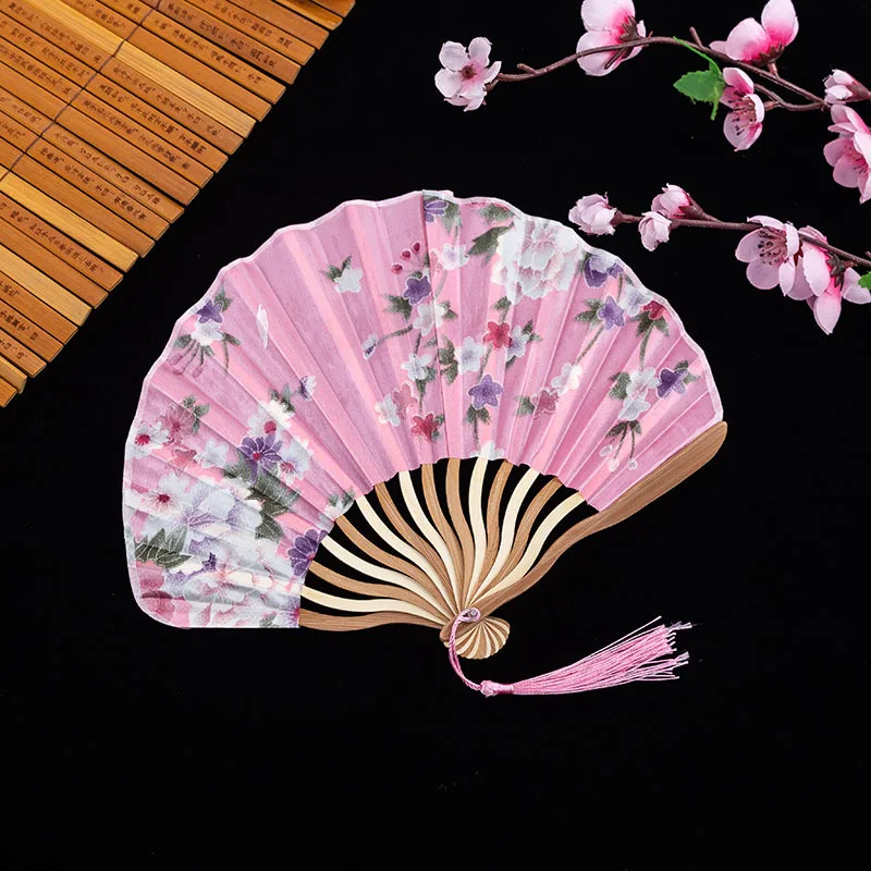 Retro Folding Silk Fan Chinese Japanese Style Decorative Women Female Pocket Bamboo Handle Fan Dance Hand Decoration 1Pcs folding fan,silk fans,hand fan