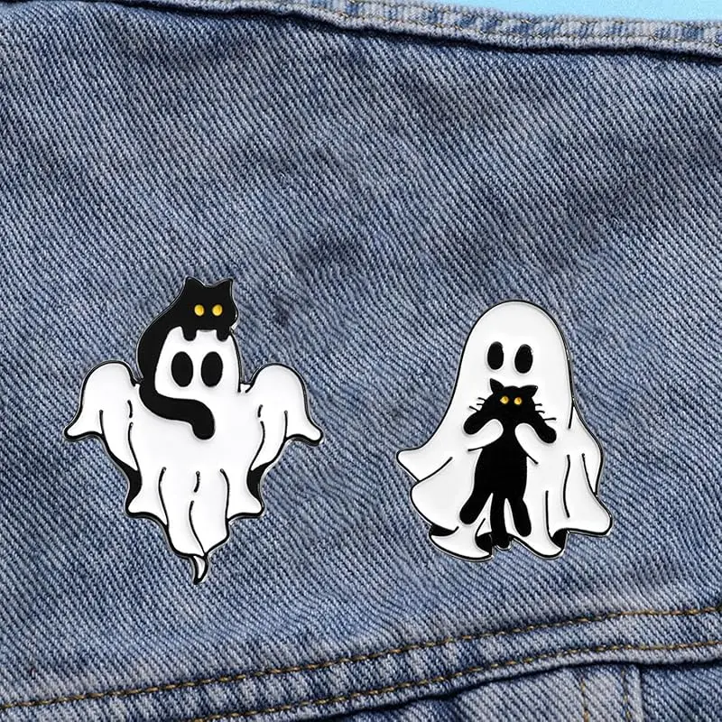 6 Styles Ghost with Black Cat Enamel Brooches Halloween Theme Horror Metal Lapel Pins for Jacket Backpack Hat Clothes Decor