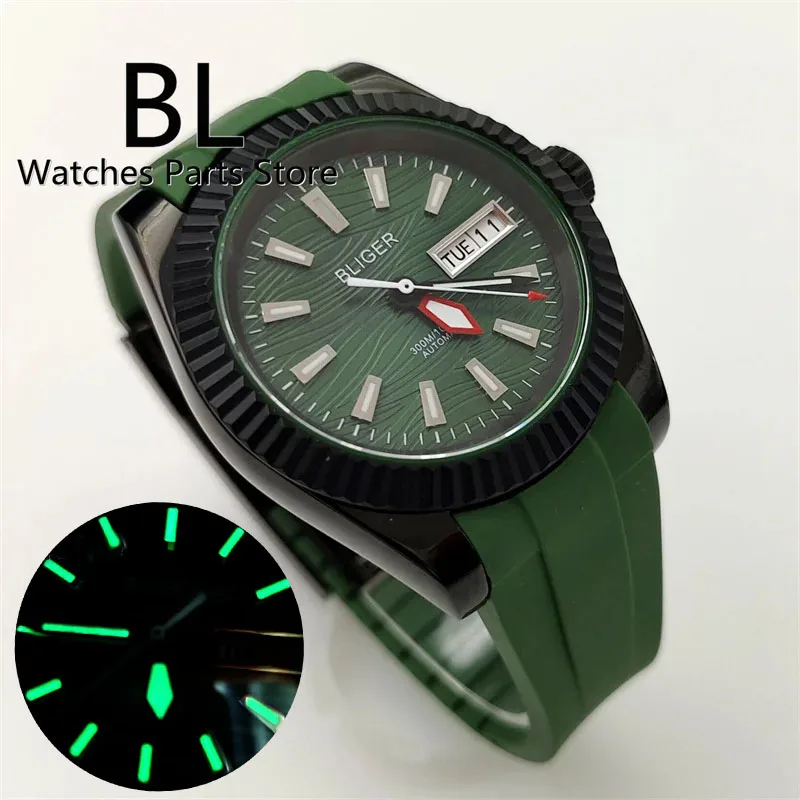 

BLIGER 39mm Watch For Men 24 Jewels NH36 MoveGreen Dial Sapphire Crystal Week day Date Display Green Rubber Strap Green Luminous