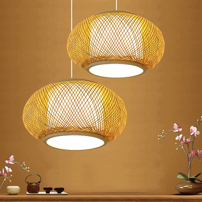 

Japanese Wood pendant lamps Hand Knitted Bamboo Rattan LED Pendant Lights Fixture Rustic Tatami hanging lamps Luminaria Dining
