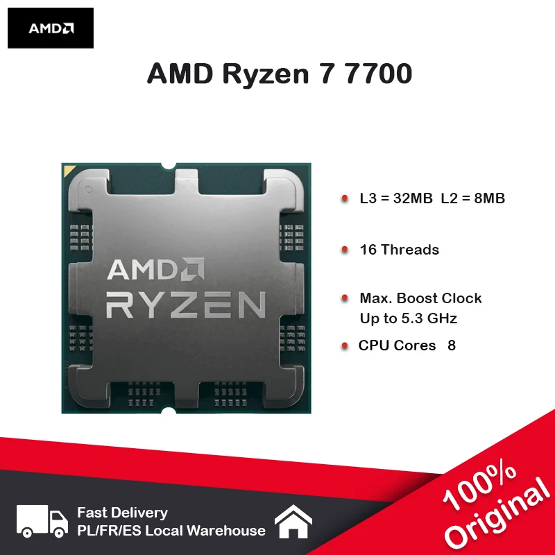 Processeur AMD Ryzen 7 7700 5,3 GHz 8 cœurs 16 threads 40 Mo de cache de jeu 5NM TDP 65 W AM5 prise CPU de jeu