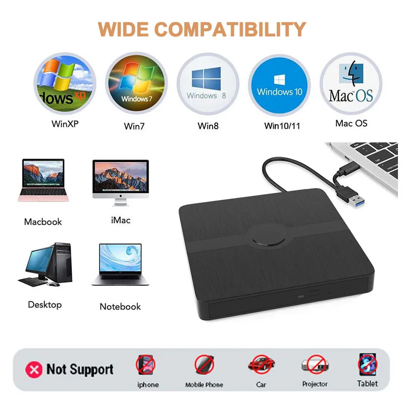 USB 3.0 External Blu-ray Drive Portable 3D BD-Combo Optical Drives CD DVD Player Burner Reader for Laptop PC Windows 11/10 Mac 5