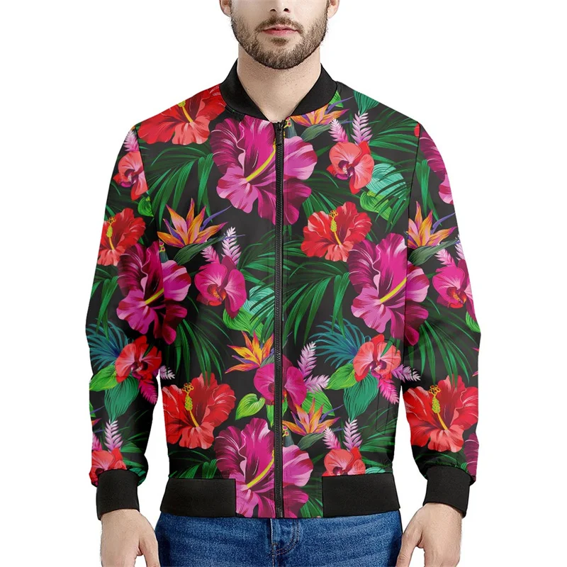 thumbnail image 1 of Nueva chaqueta con cremallera y estampado 3D de flores hawaianas para hombre, sudaderas estilo bombardero con estampado de plantas tropicales, abrigos de manga larga de gran tamaño, 1 of 4
