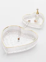 European Heart Clear Glass Tray With Gold Rim Small Large Set Of Two For Home Tabletop Jewelry Comestic Candle Watch Key Storage 1