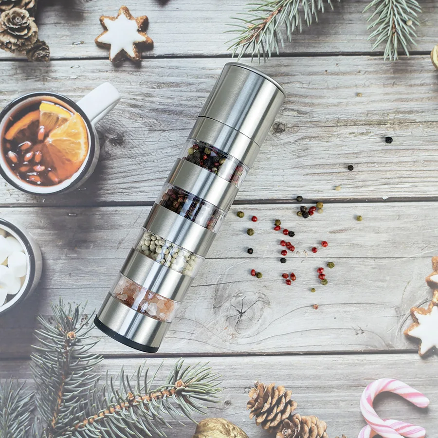 1pc 5in1 Pepper Grinder Salt And Pepper Ginder Stainless Steel Spice Grinder Multi-layer Manual Mill Spice Crusher
