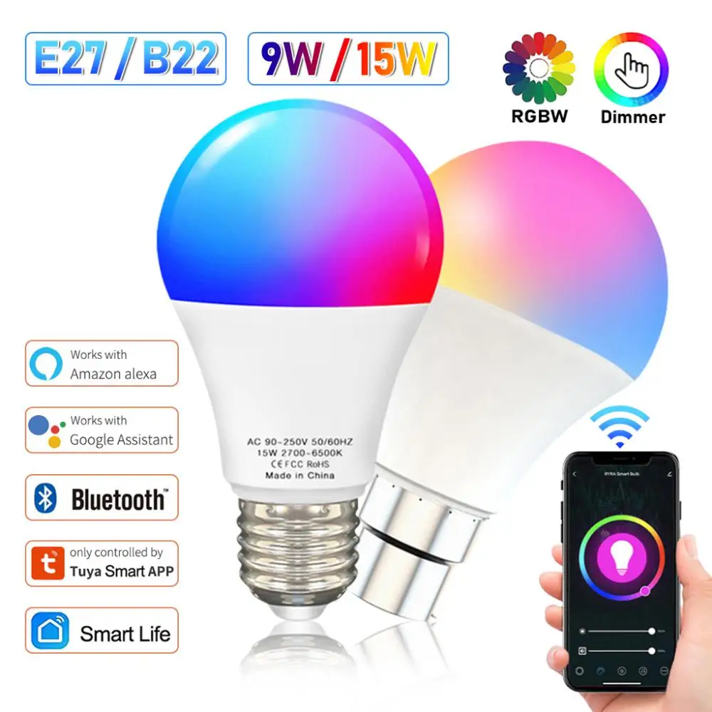 

Tuya WiFi E27 B22 Smart Bulb Dimmable RGBCW 100-240V LED Light Smart Life App Control Voice Control Via Alexa Google Home Alice