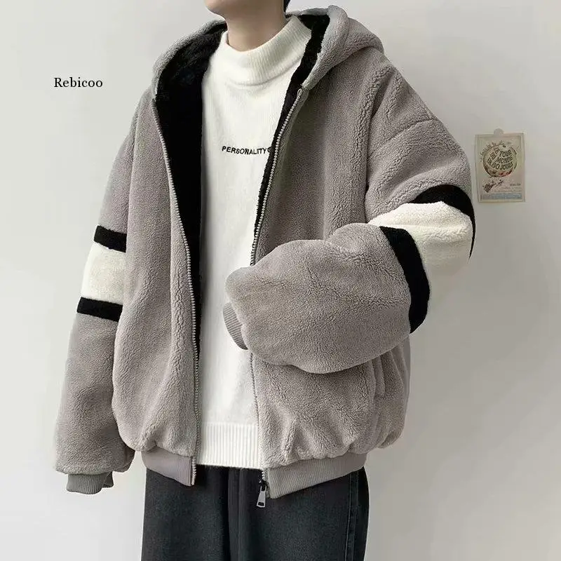 

Parkas Men Winter Wool Liner Fashion Korean Style Loose Unisex Handsome Outwear Hooded All-match Kpop Simple Patchwork Clothes