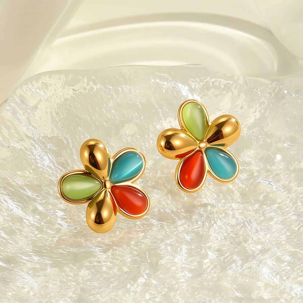 Trending Waterproof Multi-color Cats-eye Opal Ear Stud Cute Sweet Small Flower Earrings for Women Girls Stainless Steel Jewelry