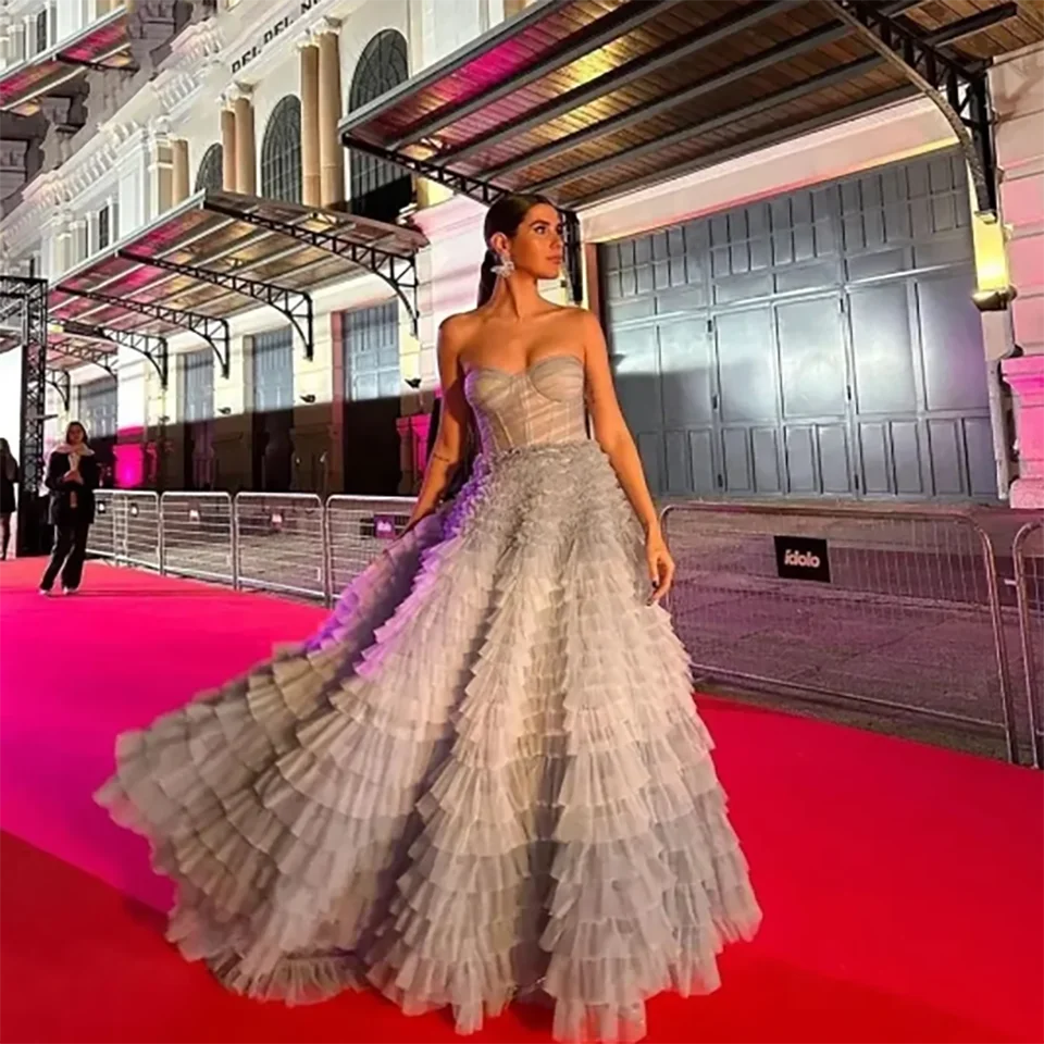 Customized Charming Sweet Dusty Blue Strapless Multi-layered Ruffles Evening Wedding Dress 2026 Floor Length Formal Bridal Gowns