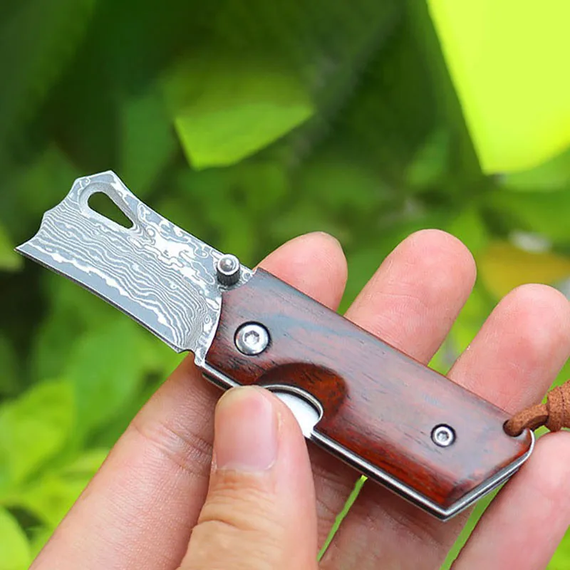 DamascusBladeMiniFoldingKnifeWoodenHandlePocketKnifeKeychain
