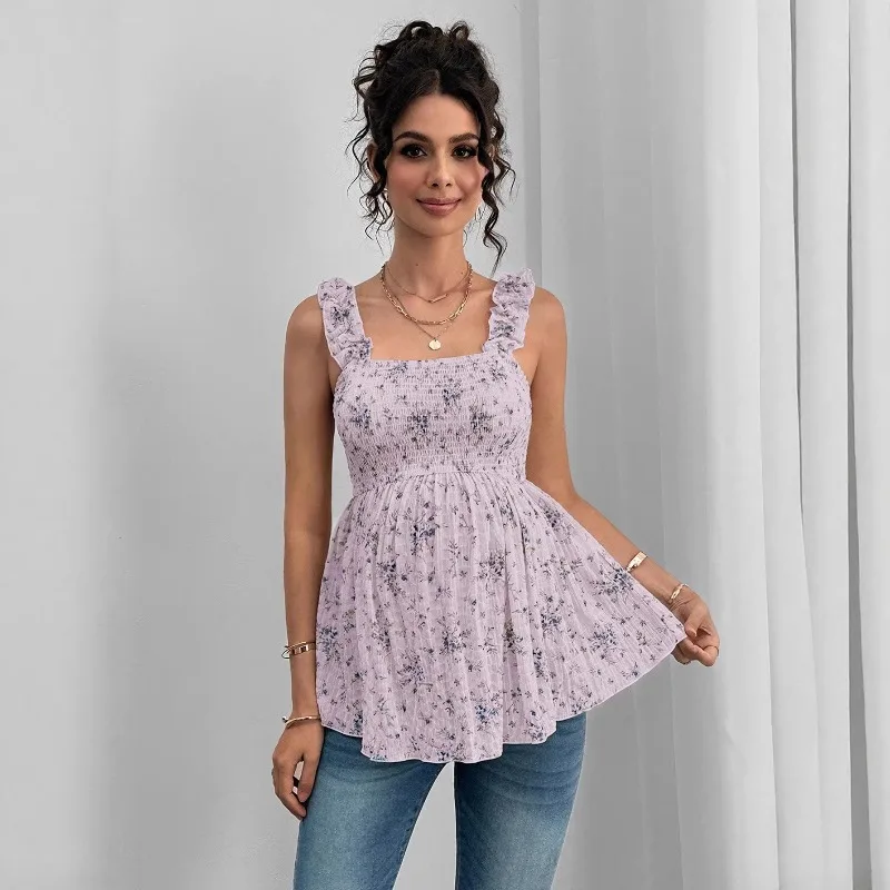 Maternity Clothing Spring and Summer New Printed Suspenders Maternity Top Square Collar A Word Maternity Vest Pregnancy Shirt - 3