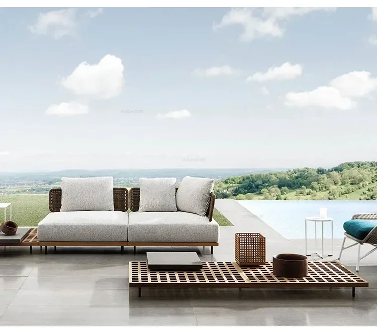 Luxury Outdoor Garden Furniture Sets Solid Wood Rattan Sofa Nordic Home Leisure Patio Furniture B&B Villa Sofa Chair Combination