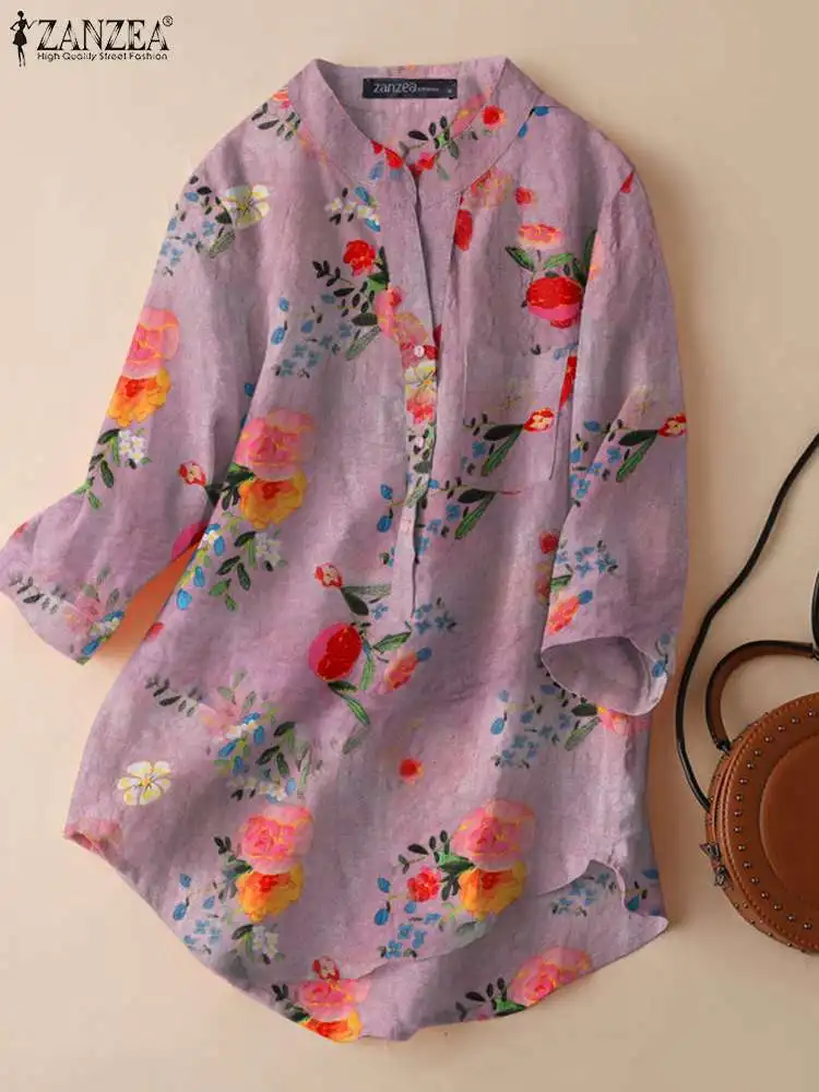 

ZANZEA Fashion Loose Buttons Tunic Women 3/4 Sleeve Tops 2023 Summer Holiday Round Neck Blouse Elegant Printed Oversize Shirt