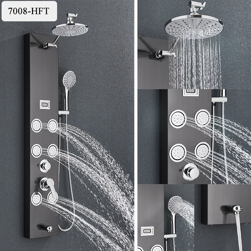 Description Picture 4 of itemLED Light Shower System Bath Shower Column Black Rain Waterfall Shower Panel Bidet Faucet with Handshower Massage Jets Spout