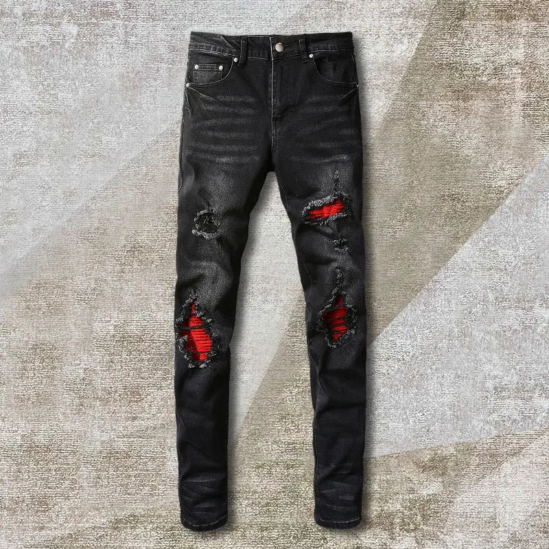 Pantalones-vaqueros-rasgados-negros-para-Hombre-Jeans-ajustados-con ...
