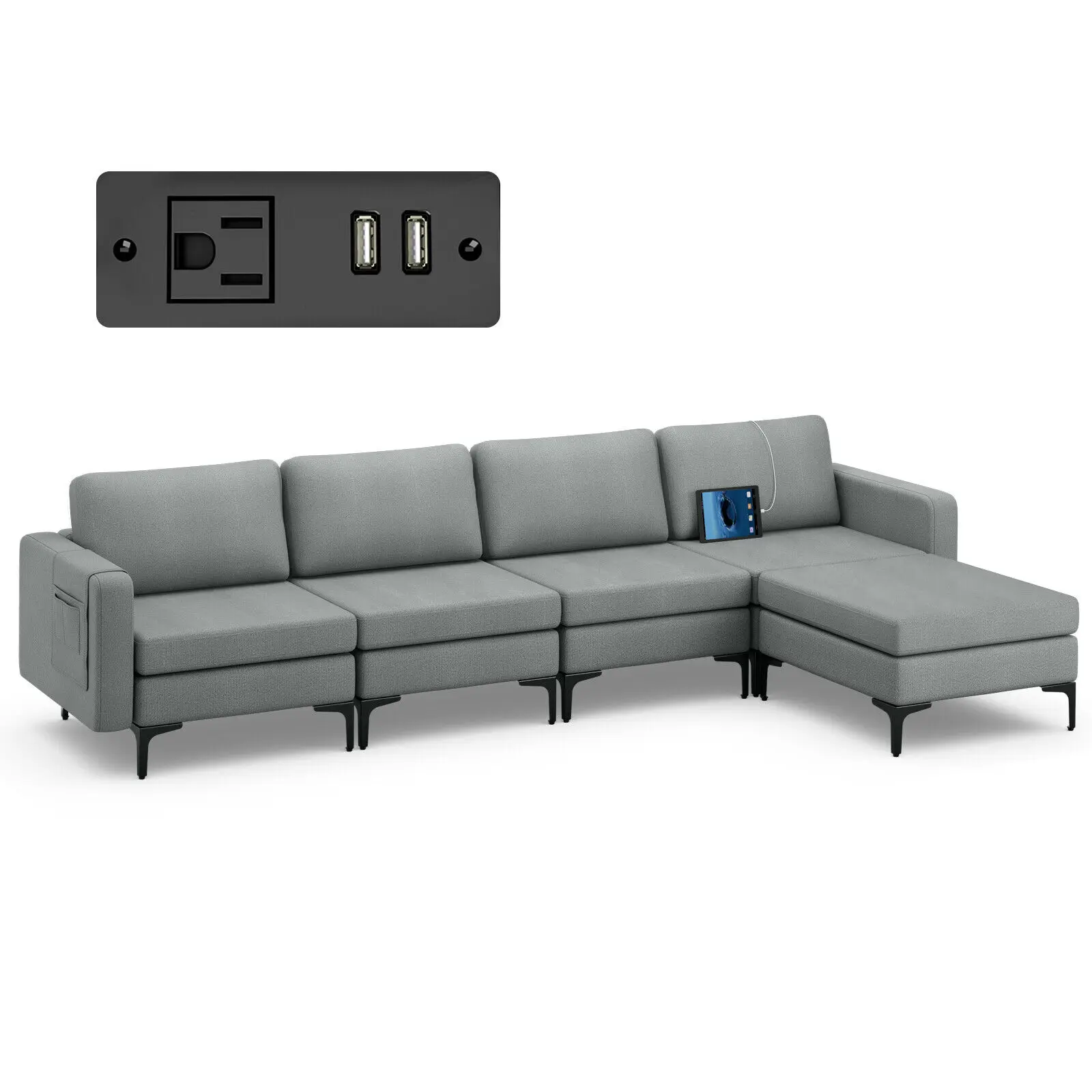 

Costway Modular L-shaped Sectional Sofa w/ Reversible Chaise & 2 USB Ports Dark Grey