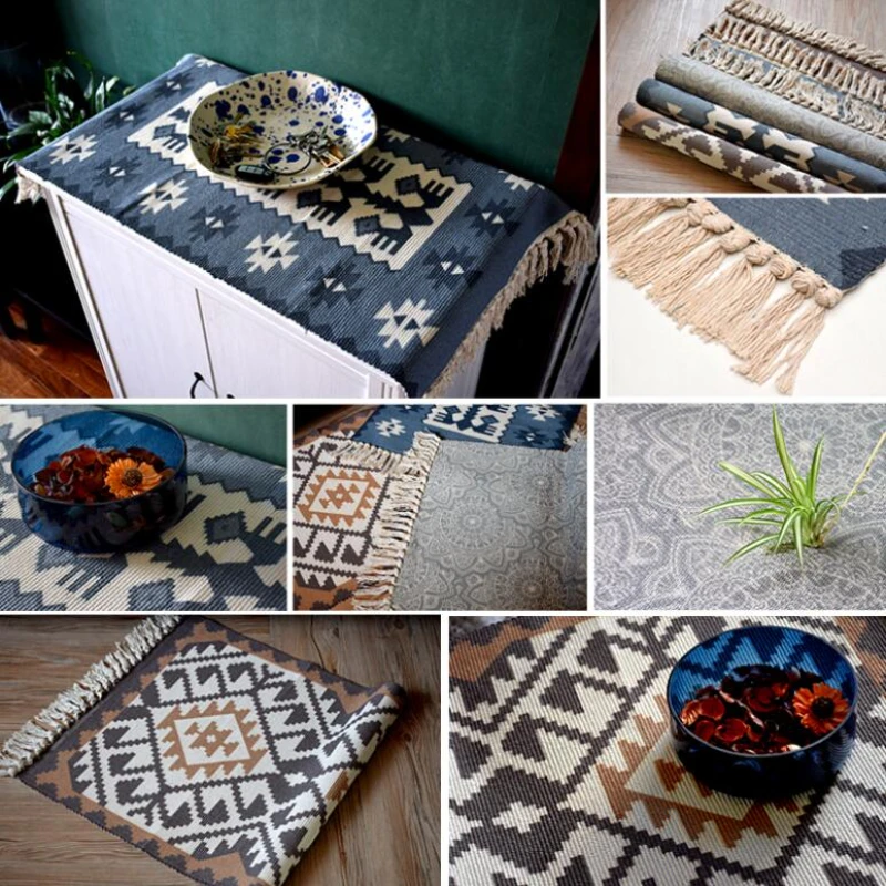 Persian Kilim Cotton Bedside Carpet Woven Mat Bathroom Living Room Carpets Geometric Hand Made Indian Rug Bohemian Printing Rug 4