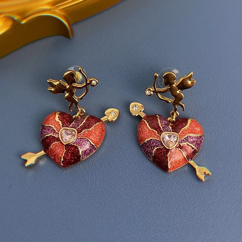 

New inlaid gemstone enamel colored love fashionable Cupid earrings