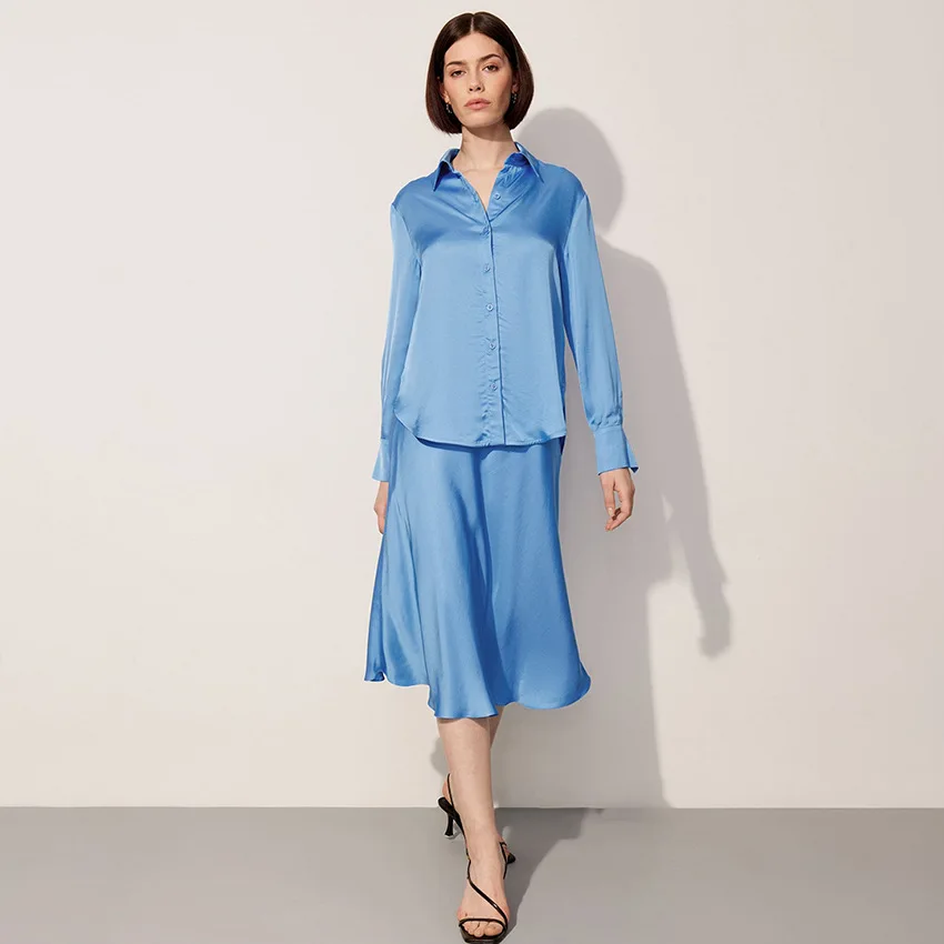 

2023 New Satin Ice Silk Commuter Niche High-End Sense French Set Skirt Two-Piece Shirt