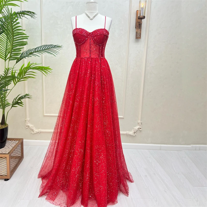 

Red Shiny Formal Evening Dresses Spaghetti Straps A-Line Side Slit Prom Dress Backless Floor Length Sparkly Bride Party Gowns