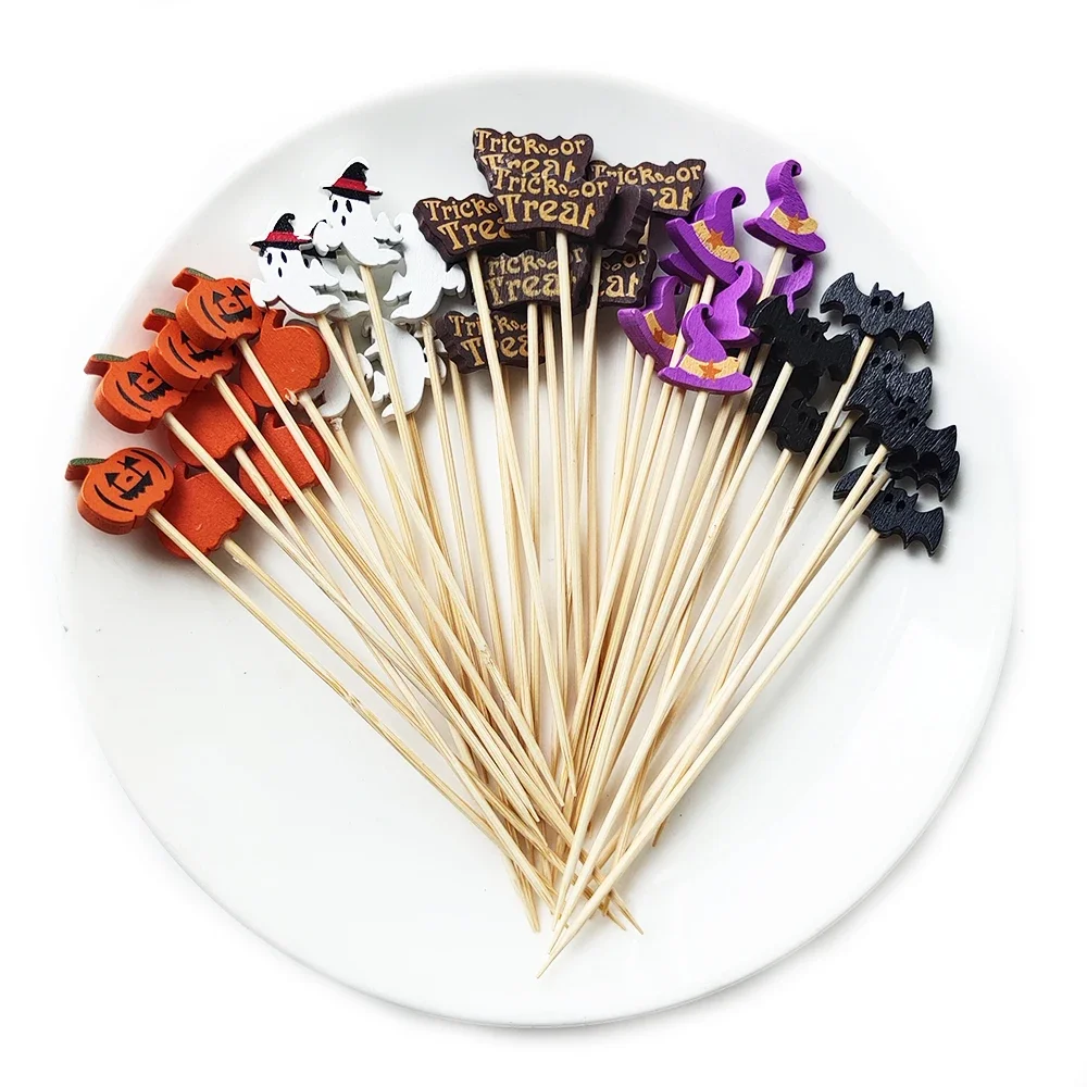 100 Stücke Halloween Kürbis Bambus Spieße Obst Gabel Dessert Salat Gemüse Einweg Sticks Zahnstocher Spieß Halloween Decor – Detail 9