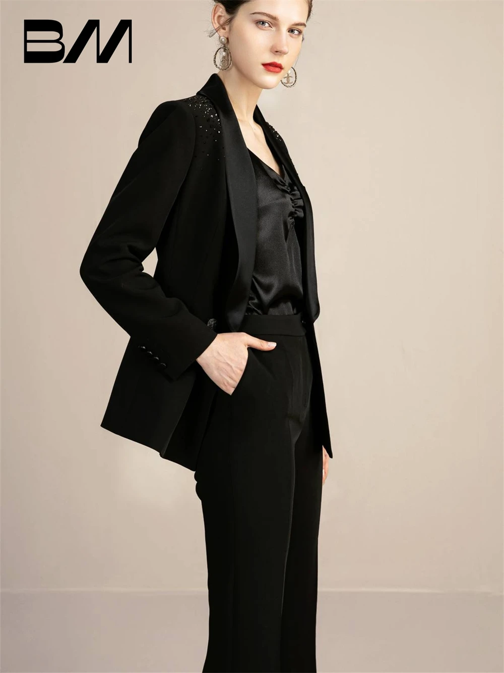 Fashion Black Women Suit Set With Glitter Details Long Sleeve Silky Neck Double Breasted Two Pieces Pantsuit Autumn Outfit