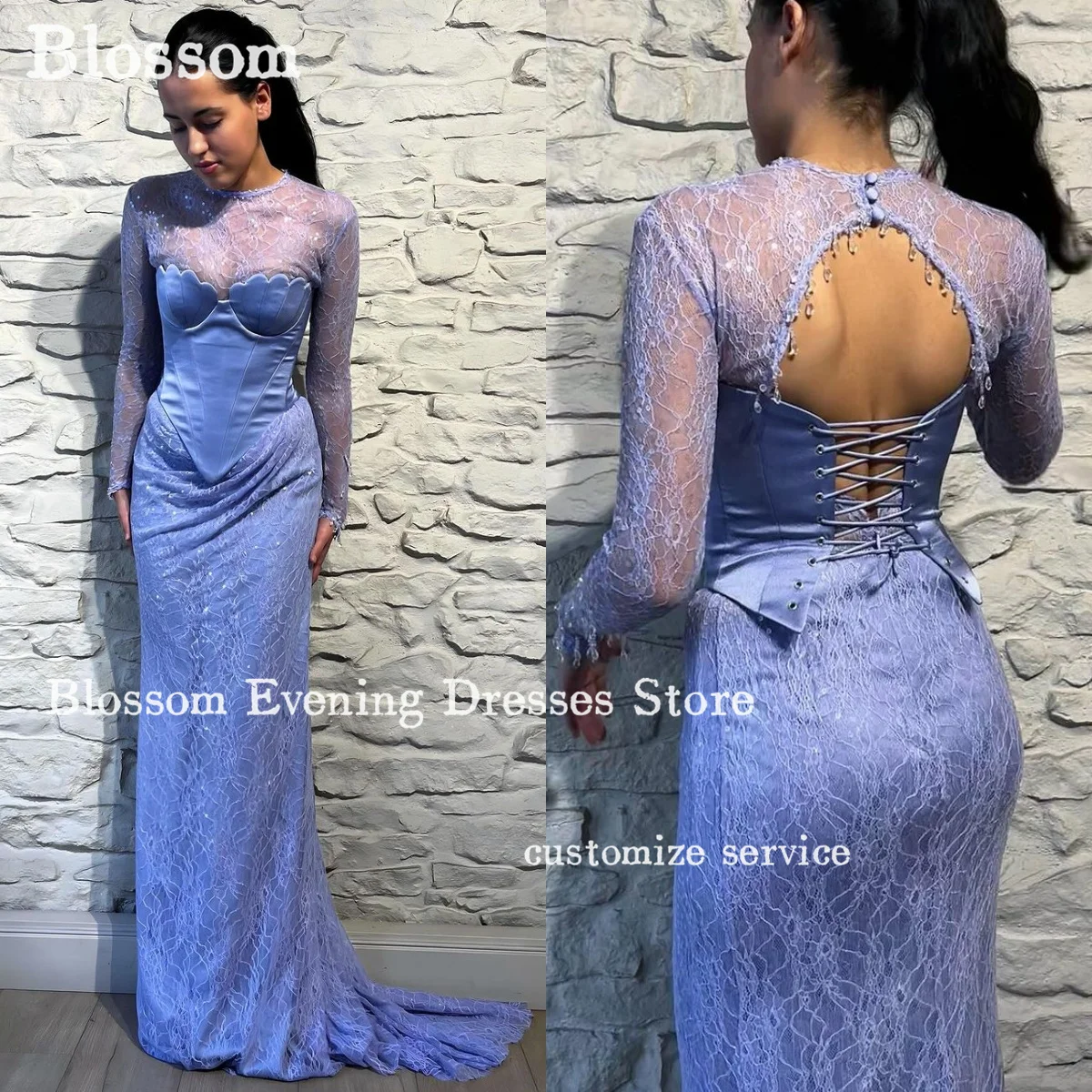 

Lace Long Sleeves Crystal Backless Prom Dresses Lace-up Sweep Train Elegant Evening Dresses 2024 Formal Party Gown Vestidos