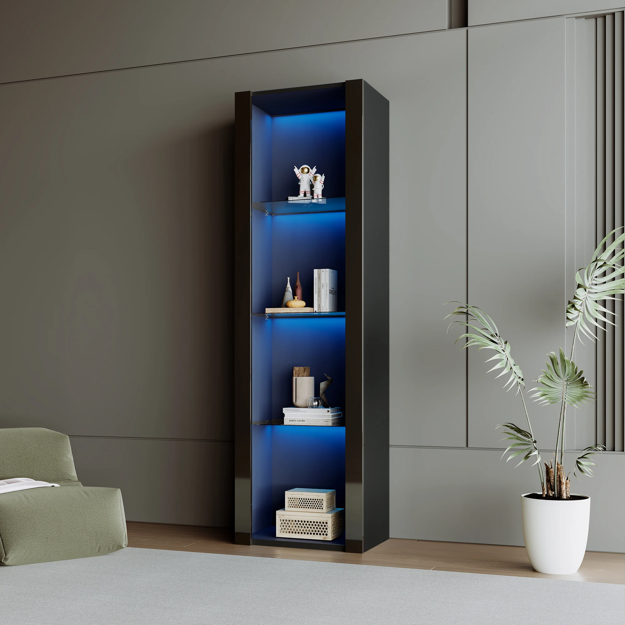 KOMHTOM Hochglanz-Vitrine 55x38x166 cm mit LED-Beleuchtung, 3 Glasböden, geeignet als Standvitrine, Hochschrank oder Lagerschran – Detail 1
