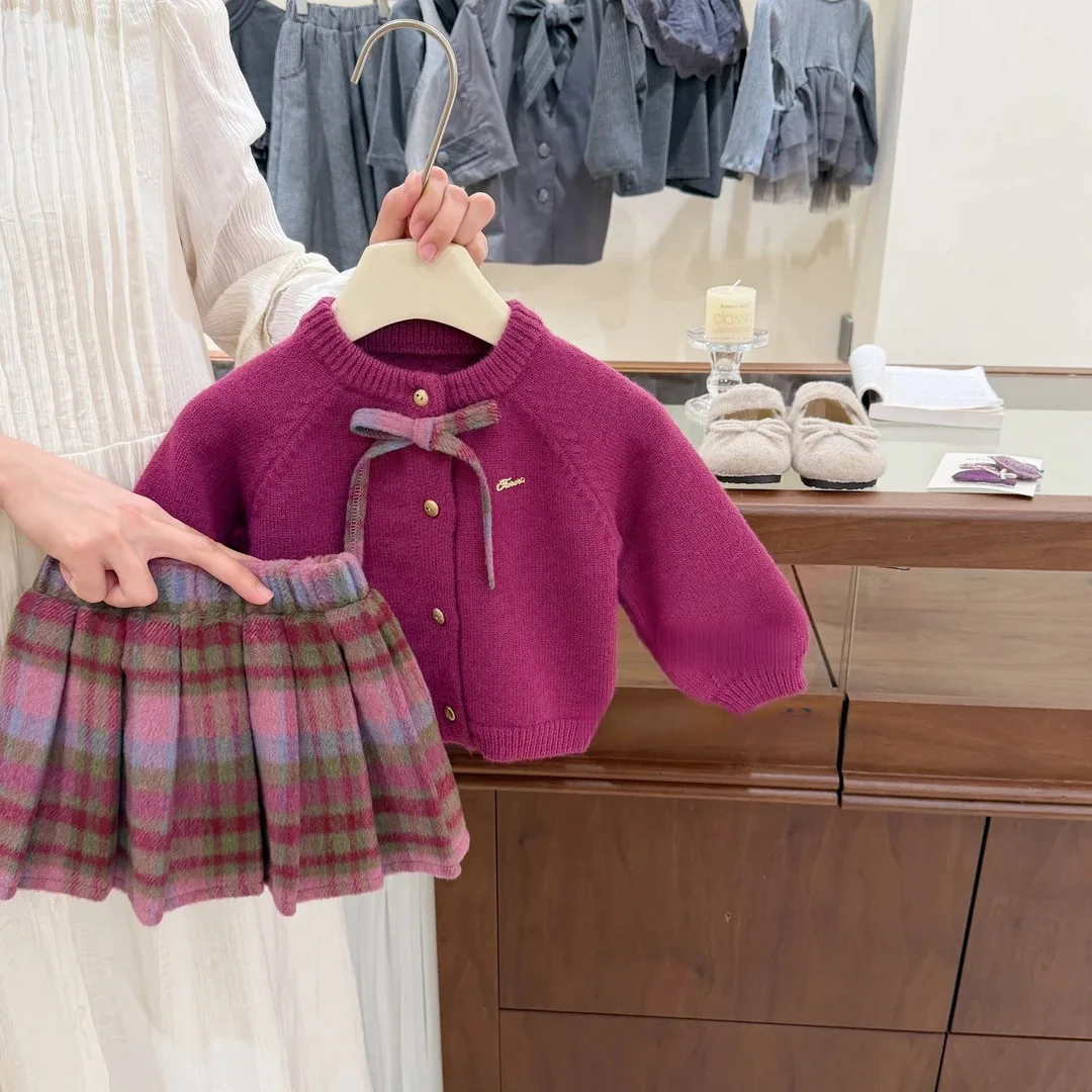 여아 가을 겨울 니트 스웨터 가디건 재킷 체크무늬 스커트 고급스러운 보라색 스커트