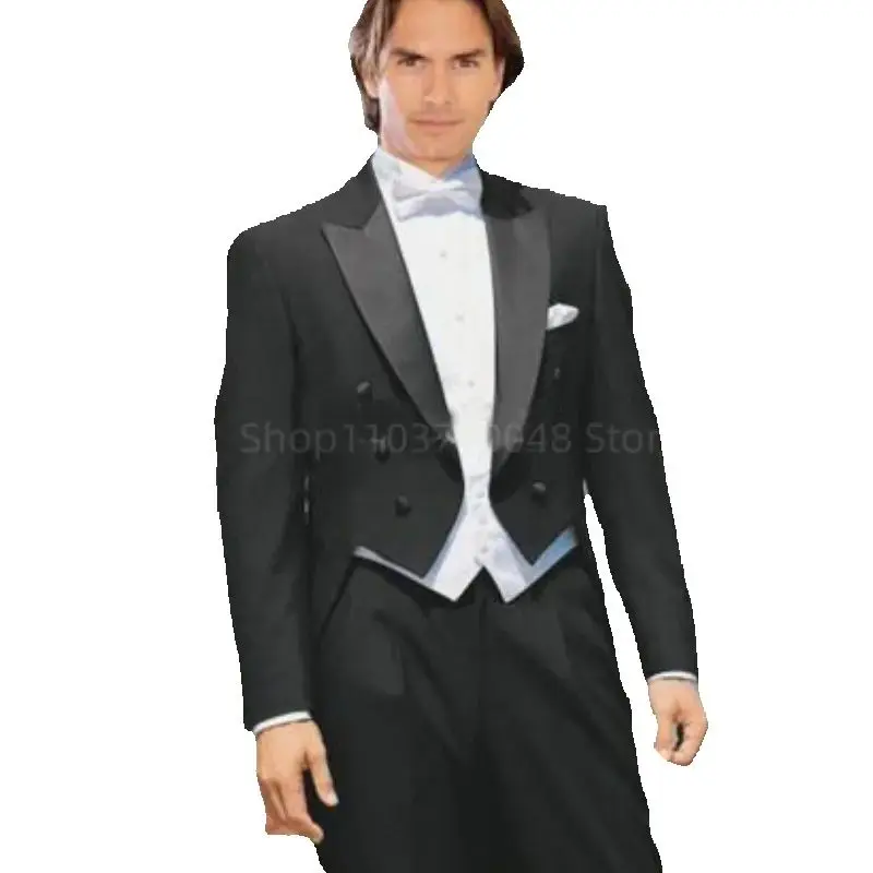 Black Men Tuxedo Tailcoat Formal Dress Suits Swallow Tail Coat Male Jacket Vest Pants Party Wedding Suit Dance Magic Performance