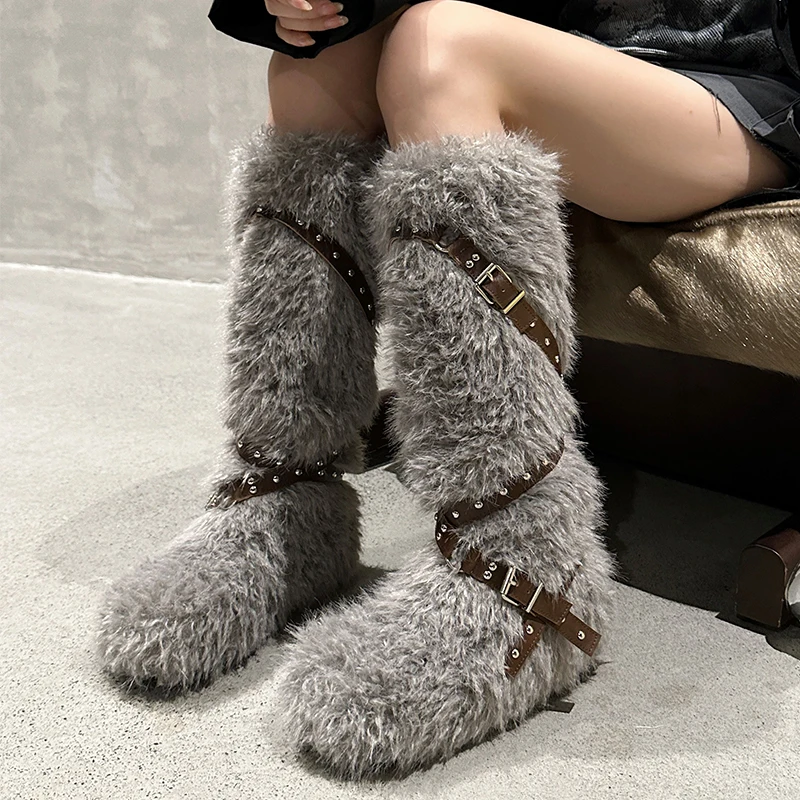 

ZOOKERLIN Winter Snow Boots For Women Ski Boots Fluffy Hairy Buckle Strap Middle Calf Platform Flats Shoes Short Tube Boots Wool