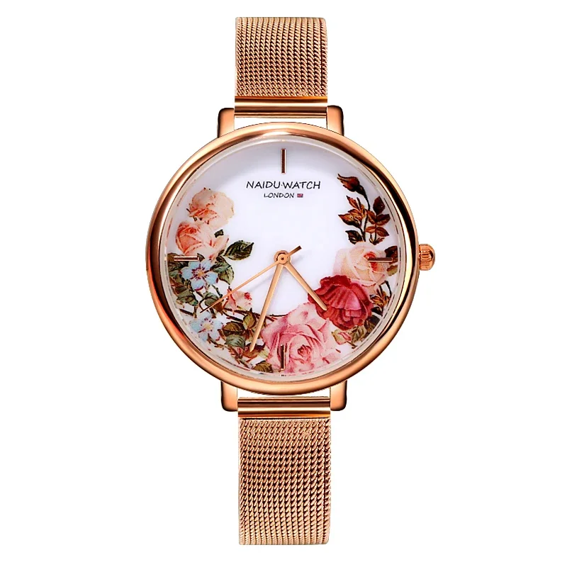 Retro Versatile Creative Women's Quartz Watch Large Dial Flower Pattern Vintage Stainless Steel Mesh Band Bracelet Watches