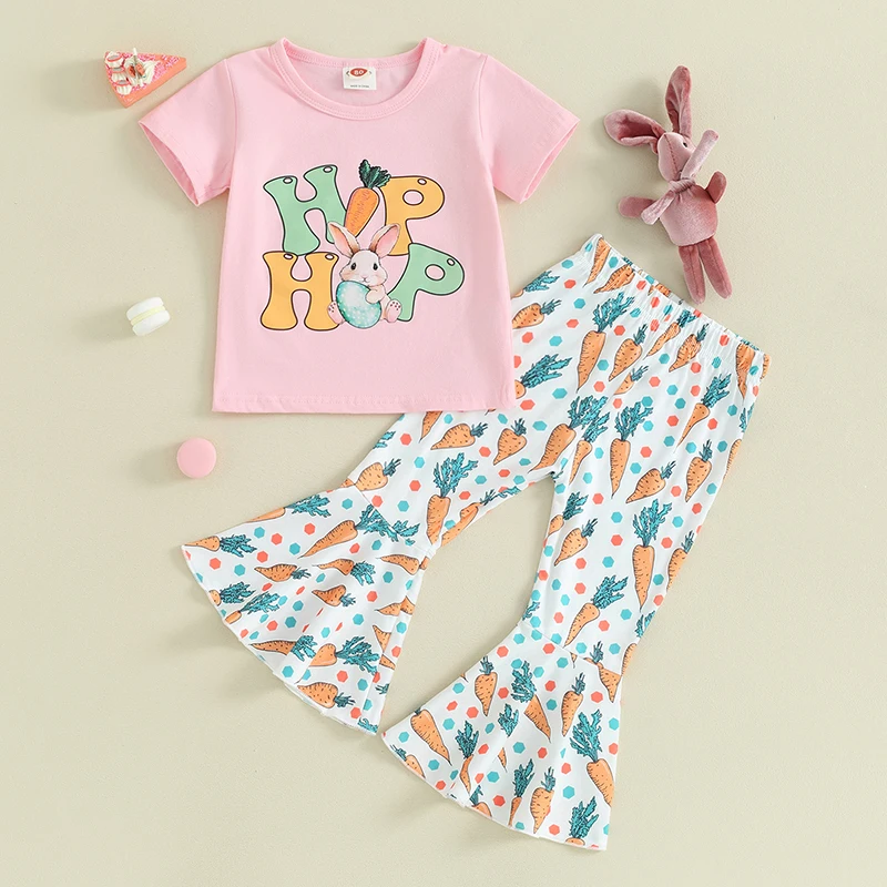 

2023-12-27 Lioraitiin Toddler Baby Girl Easter Outfits Short Sleeve T-Shirt Top Bunny Print Bell-Bottom Flared Pants Clothes Set