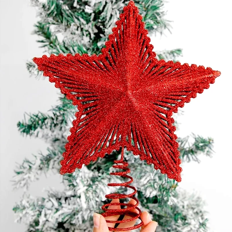 Glitter Christmas Tree Topper Star Decor Hollowed-out Pentagram Xmas Tree Topper Ornaments New Year Party Home Decor