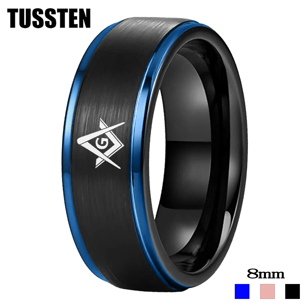 

TUSSTEN 8MM Black Sand Faced Tungsten Steel Ring with Blue Steps Laser Engraved Mason Masonic Pattern Free Delivery