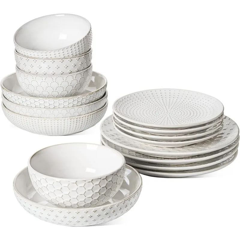 Dinnerware Sets 12 PCS, Ceramic Plates and Bowls Set (10" Dinner Plate + 8" Salad Dish + 26 oz Cereal Bowl) x 4, Oven safe