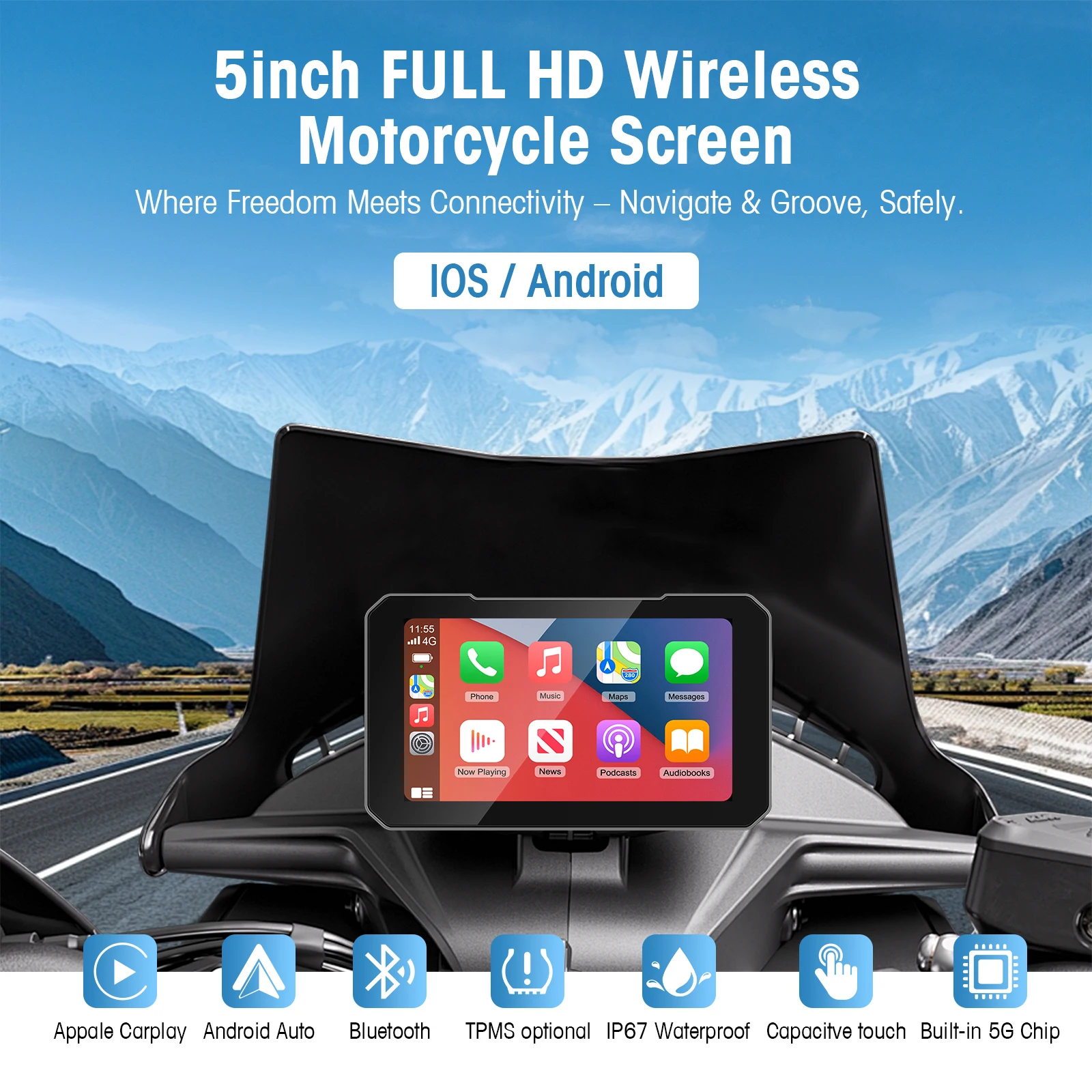 Ezonetronics 5인치 터치스크린 오토바이 카플레이 스크린 무선 카플레이 및 안드로이드 오토 지원 IP67 방수