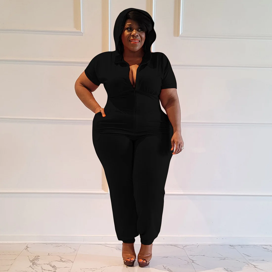Plus Size Women Jumpsuits Solid Zipper Club One Piece Outfit Fashion Hoodie Pocket Jumpsuits 2022 Summer Lady Pencil Pants