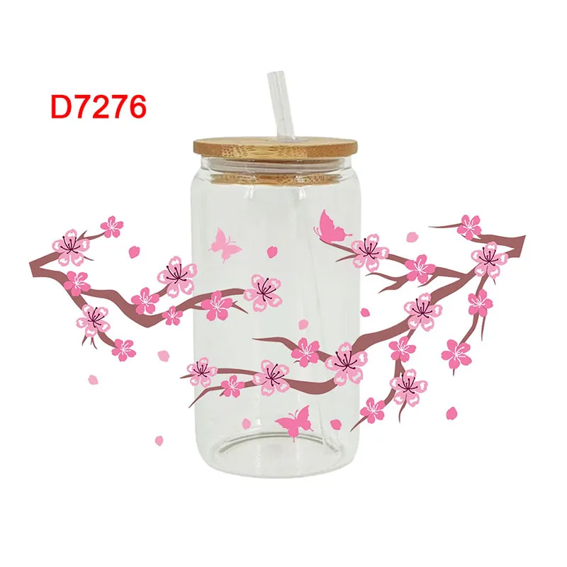 UV DTF Transfer Sticker Flower Theme For The 16oz Libbey Glasses Wraps Cup Can DIY Waterproof Easy To Use Custom Decals D7276