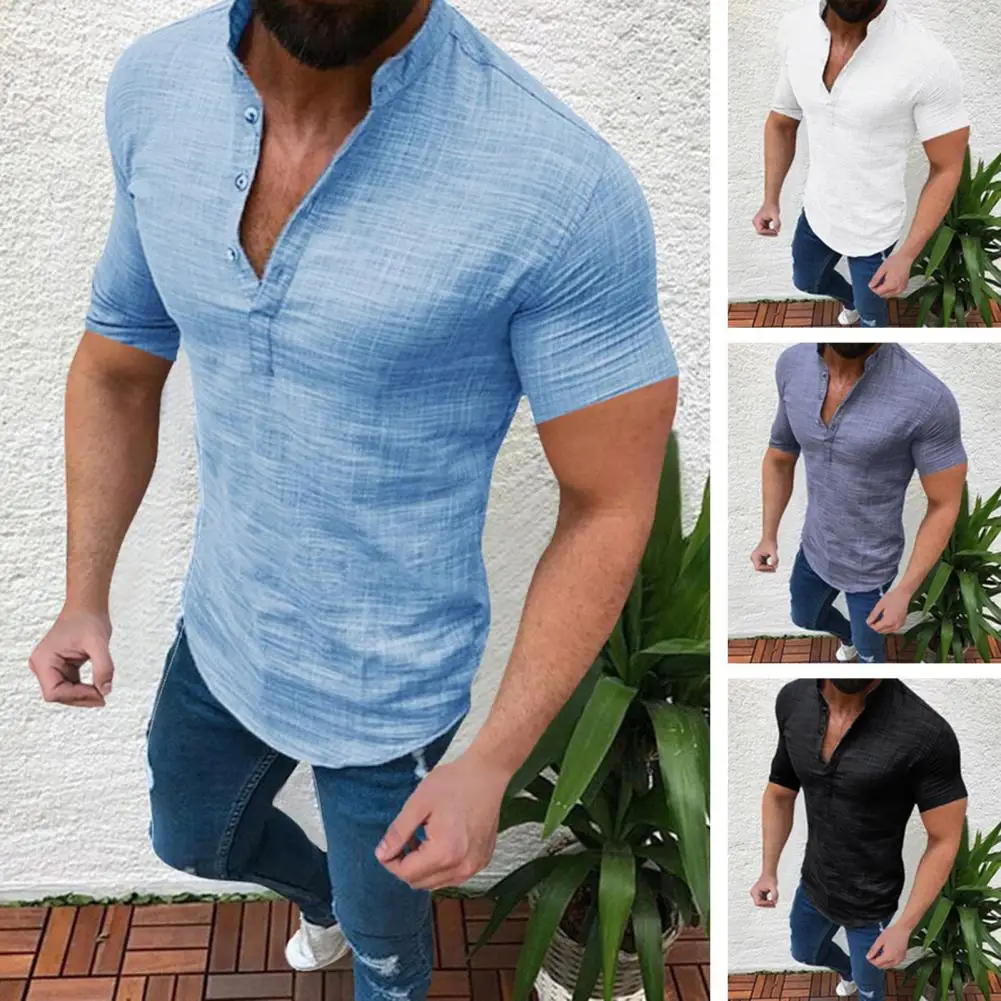 

Chic Men Top Button Breathable Men Summer T-shirt Button Men Summer Top